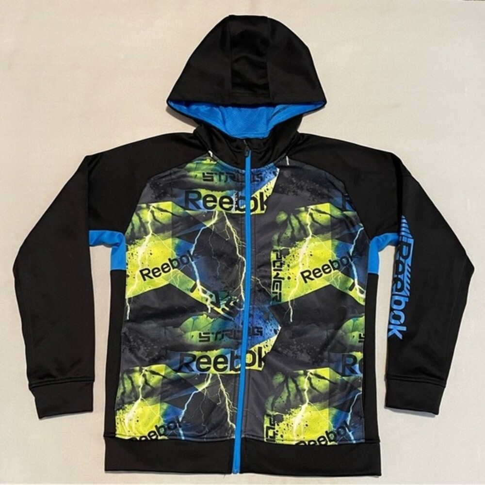 Reebok Zippered‎ Hooded Jacket Sweatshirt Youth Boys Size Large Black Green Blue